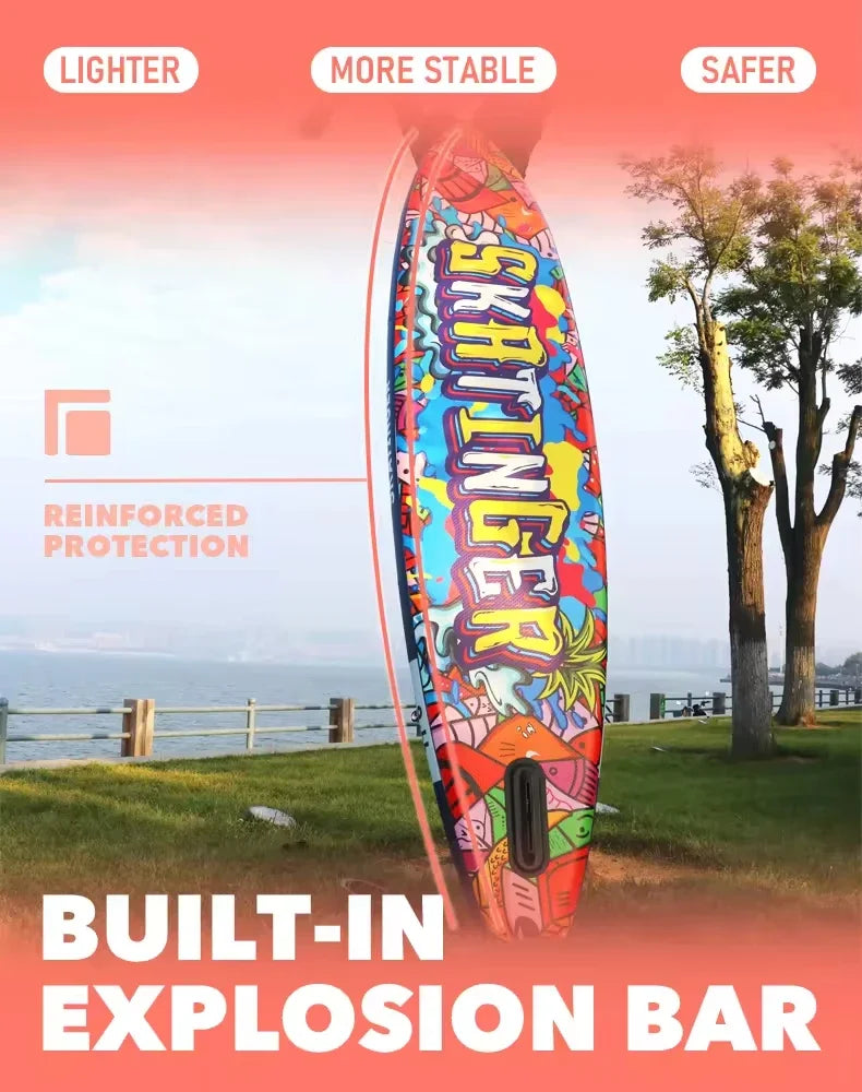 The Skatinger Graffiti Paddle Board, a vibrant and beginner-friendly inflatable SUP with built-in explosion bar, stands on grass by a tree. Labels show: LIGHTER, MORE STABLE, SAFER, REINFORCED PROTECTION—ideal for any adventure.