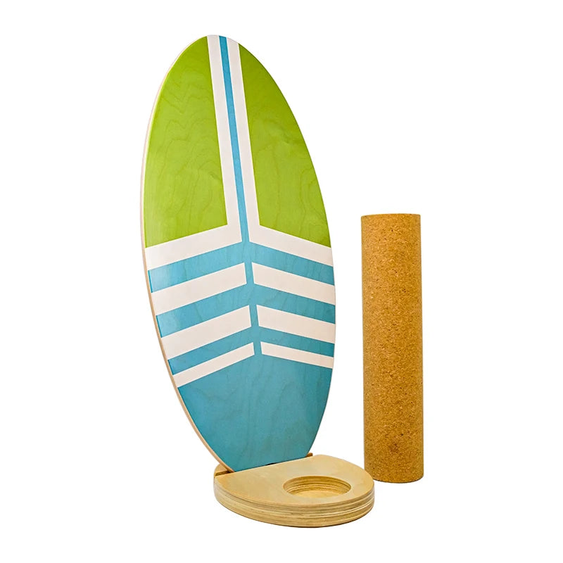 Colorful surfboard-shaped stand with a cylindrical object on a white background