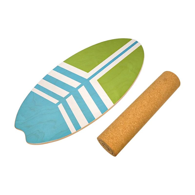 Decorative mat with geometric pattern and rolled cork mat on a white background