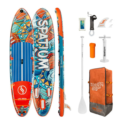VoyageVibe Paddle Board for Style and Adventure: lightweight, stable, and colorful set includes board, paddle, leash, pump, backpack, fins, waterproof phone case, and repair kit—perfect for fun and balance on the water.