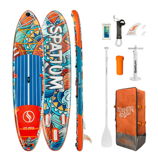 VoyageVibe Paddle Board for Style and Adventure: lightweight, stable, and colorful set includes board, paddle, leash, pump, backpack, fins, waterproof phone case, and repair kit—perfect for fun and balance on the water.