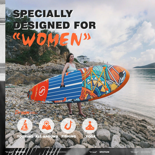 A woman stands on a rocky shore with the VoyageVibe Paddle Board for Style and Adventure. The image says “Specially designed for WOMEN” and highlights touring, all-around, fishing, and yoga, with hills and water in the background.