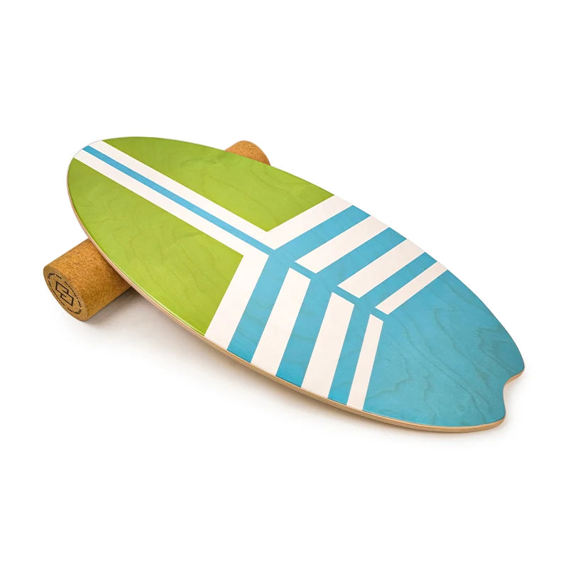 Green and blue balance board with cork base on a white background