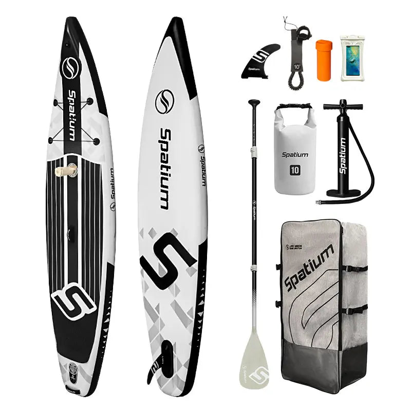 Two Spatium Premium Paddle Boards in black and white with paddle, leash, hand pump, repair kit, waterproof phone case, and gray carrying bag, all displayed on a white background.