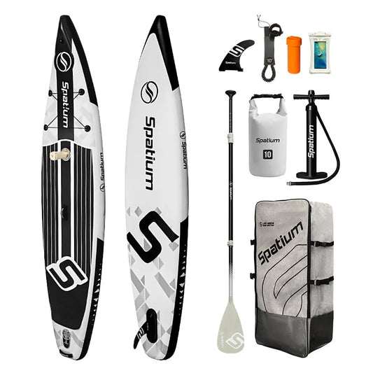 Two Spatium Premium Paddle Boards in black and white with paddle, leash, hand pump, repair kit, waterproof phone case, and gray carrying bag, all displayed on a white background.