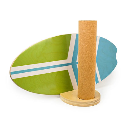 Cat toy with a cardboard tube and a green and blue base on a white background