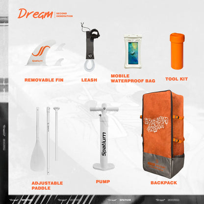 Image shows eight accessories—removable fin, leash, waterproof bag, tool kit, paddle, pump, and backpack—styled with orange accents, perfect for your VoyageVibe Paddle Board for Style and Adventure.