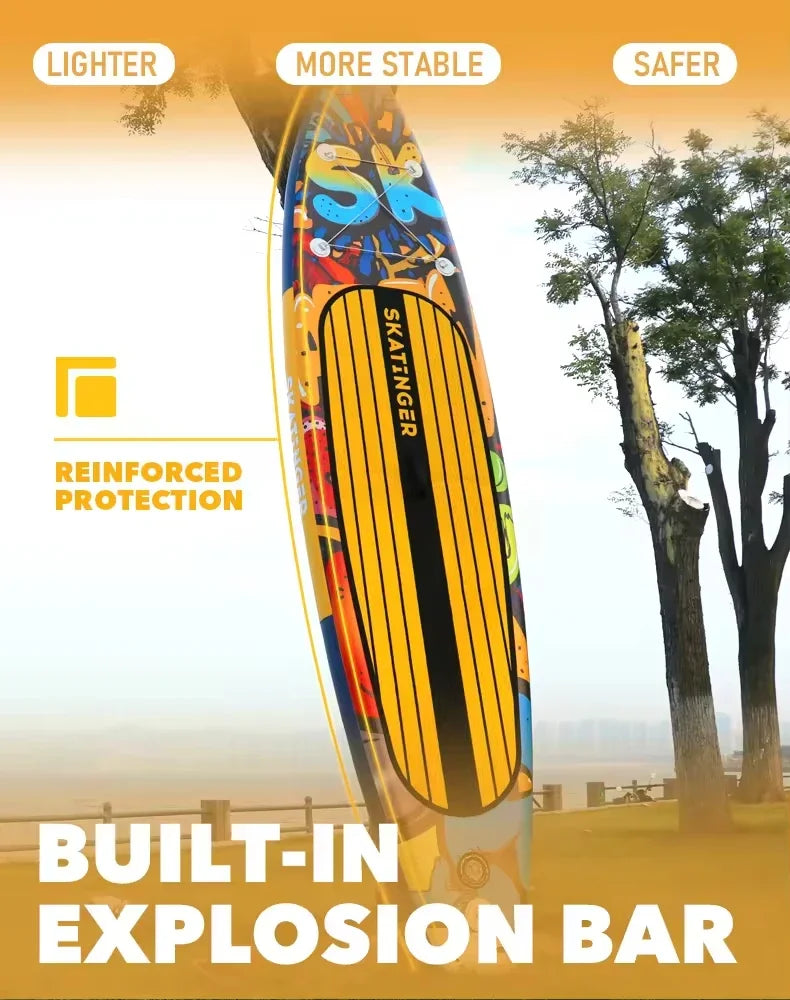 The Skatinger Graffiti Paddle Board stands upright by trees on a yellow background, featuring text: “Lighter, More Stable, Safer,” “Reinforced Protection,” and “Built-in Explosion Bar”—a beginner-friendly SUP for all levels.