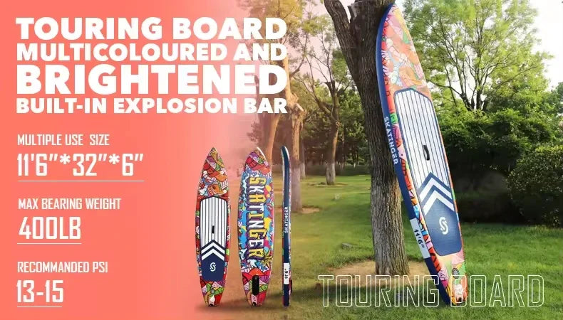 Three vibrant Skatinger Graffiti Paddle Boards, perfect for beginners, are shown upright on grass by trees. Features like board size, weight capacity, and recommended PSI are highlighted in the text.