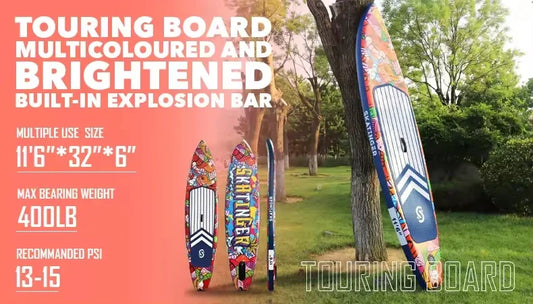 Three vibrant Skatinger Graffiti Paddle Boards, perfect for beginners, are shown upright on grass by trees. Features like board size, weight capacity, and recommended PSI are highlighted in the text.