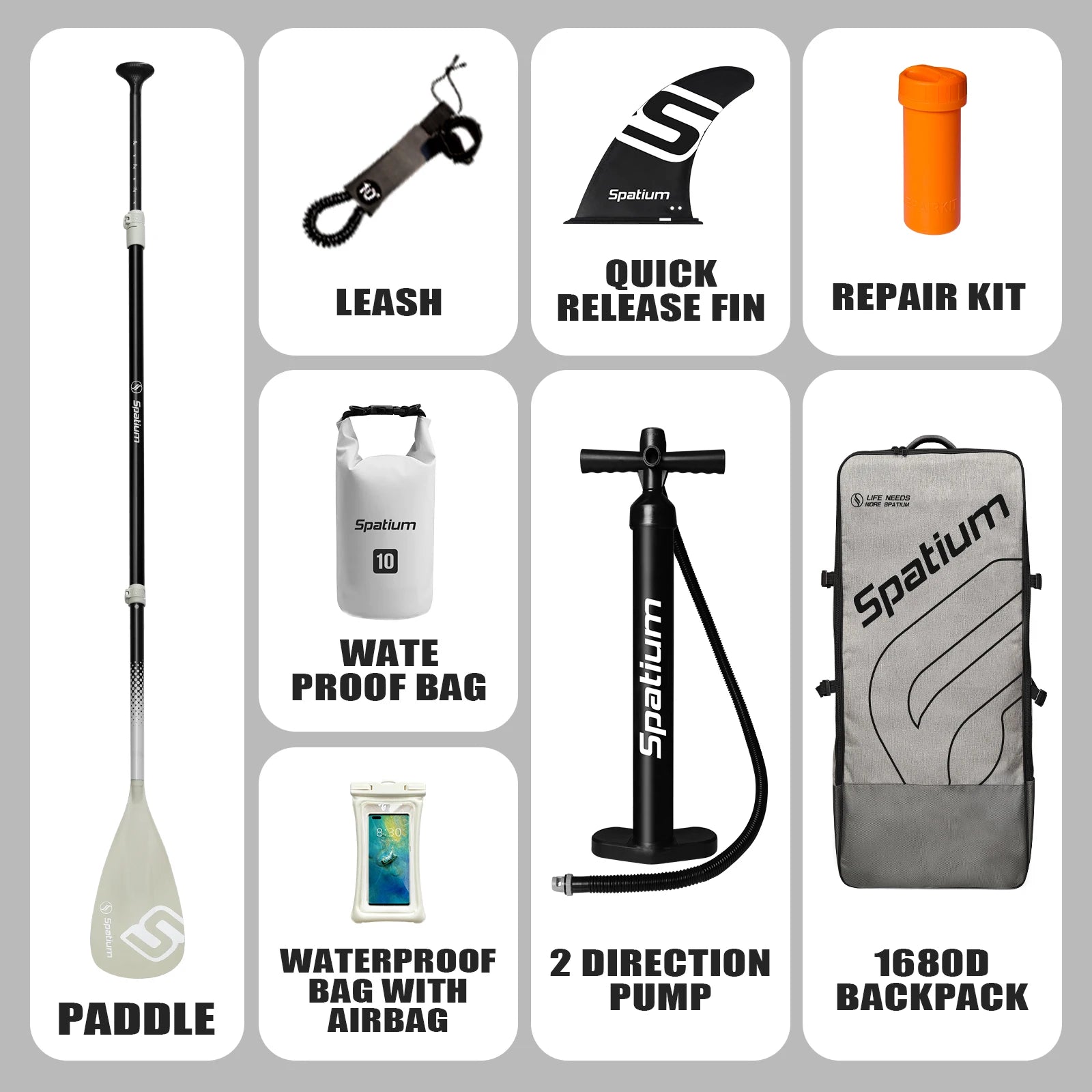 The Spatium Premium Paddle Board accessory set includes a labeled paddle, leash, quick-release fin, repair kit, waterproof and phone bags, two-way pump, and a gray 1680D backpack—perfect for touring adventures.