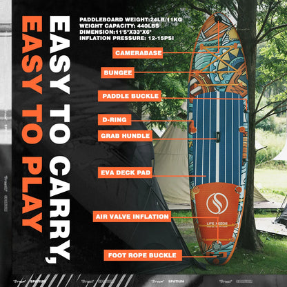 The VoyageVibe Paddle Board for Style and Adventure features a camera base, paddle buckle, D-ring, grab handle, EVA deck pad, air valve inflation, and foot rope buckle. Text: Easy to carry, easy to play. Camping tents are seen in the background.