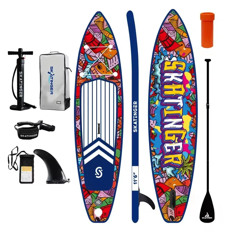 The Skatinger Graffiti Paddle Board set features two colorful, beginner-friendly SUP boards with a paddle, pump, fin, leash, repair kit, phone case, and backpack—each item shown arranged on a white background.