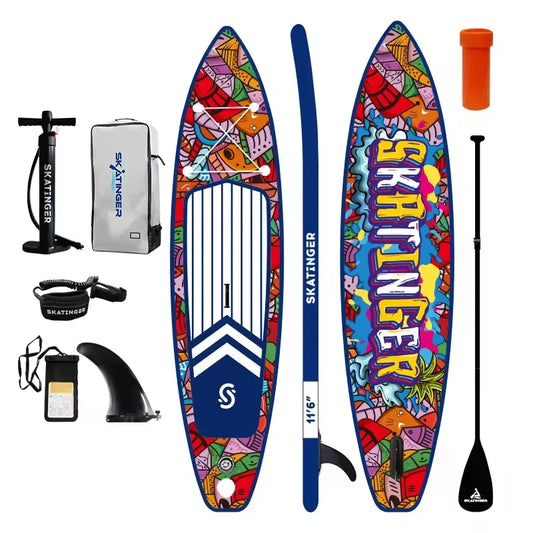 The Skatinger Graffiti Paddle Board set features two colorful, beginner-friendly SUP boards with a paddle, pump, fin, leash, repair kit, phone case, and backpack—each item shown arranged on a white background.