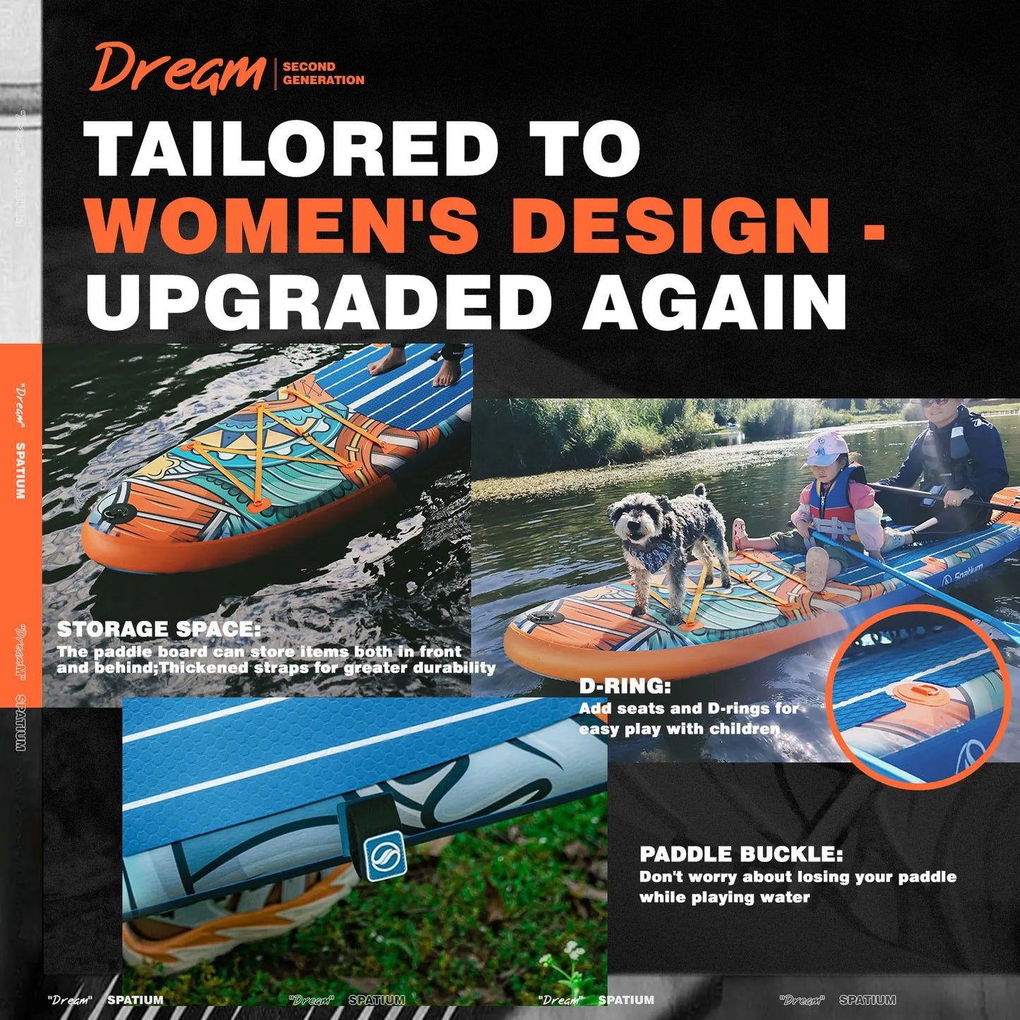 A promotional image for the VoyageVibe Paddle Board for Style and Adventure highlights ample storage, a seat/carry D-ring, and a paddle buckle. Photos show women and a dog paddling with extra gear, showcasing its versatility.