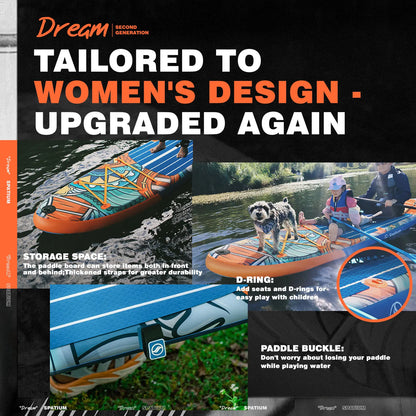 A promotional image for the VoyageVibe Paddle Board for Style and Adventure highlights ample storage, a seat/carry D-ring, and a paddle buckle. Photos show women and a dog paddling with extra gear, showcasing its versatility.