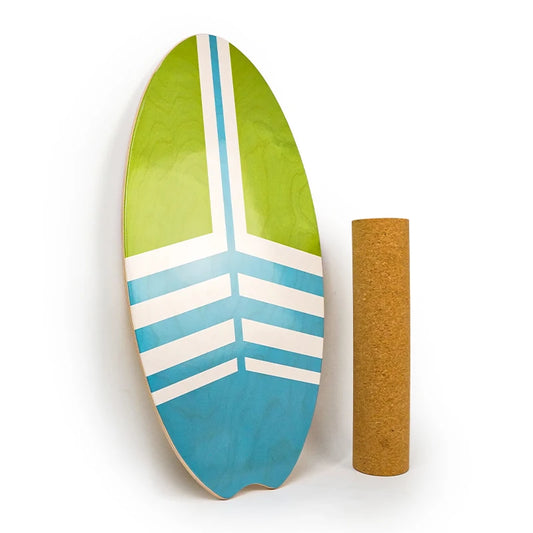 Green and blue striped surfboard with a cork roller on a white background