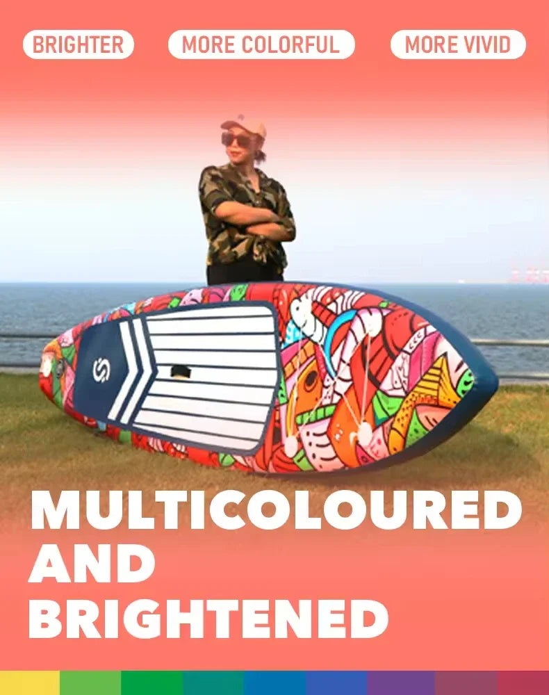 Wearing sunglasses and a cap, a person stands behind the Skatinger Graffiti Paddle Board with vibrant abstract patterns by the water. Text: MULTICOLOURED AND BRIGHTENED. Labels: BRIGHTER, MORE COLORFUL, MORE VIVID.