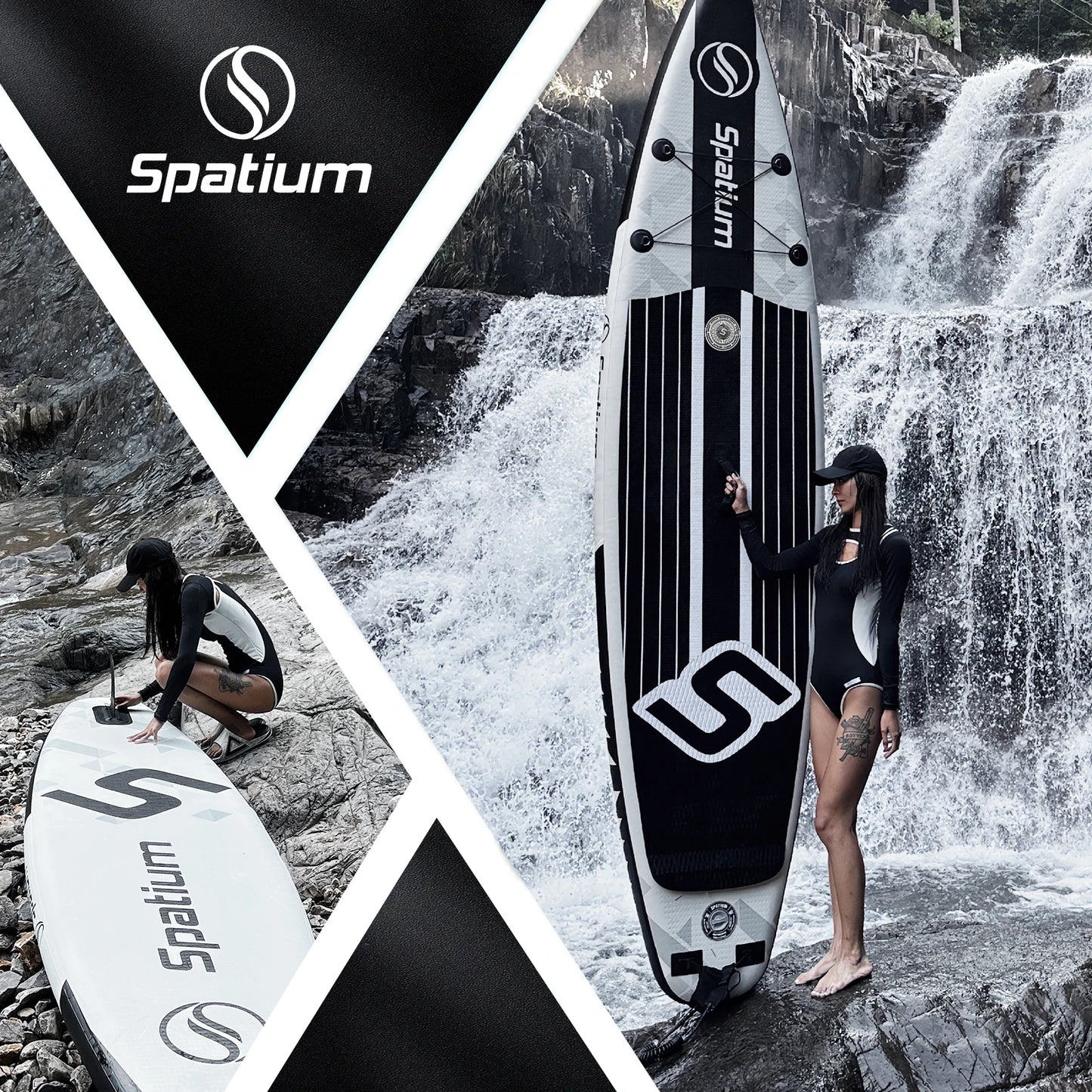 A woman in a black swimsuit poses with a Spatium Premium Paddle Board by a waterfall. The collage showcases close-ups of the board’s logo and design, highlighting its adventurous outdoor appeal.