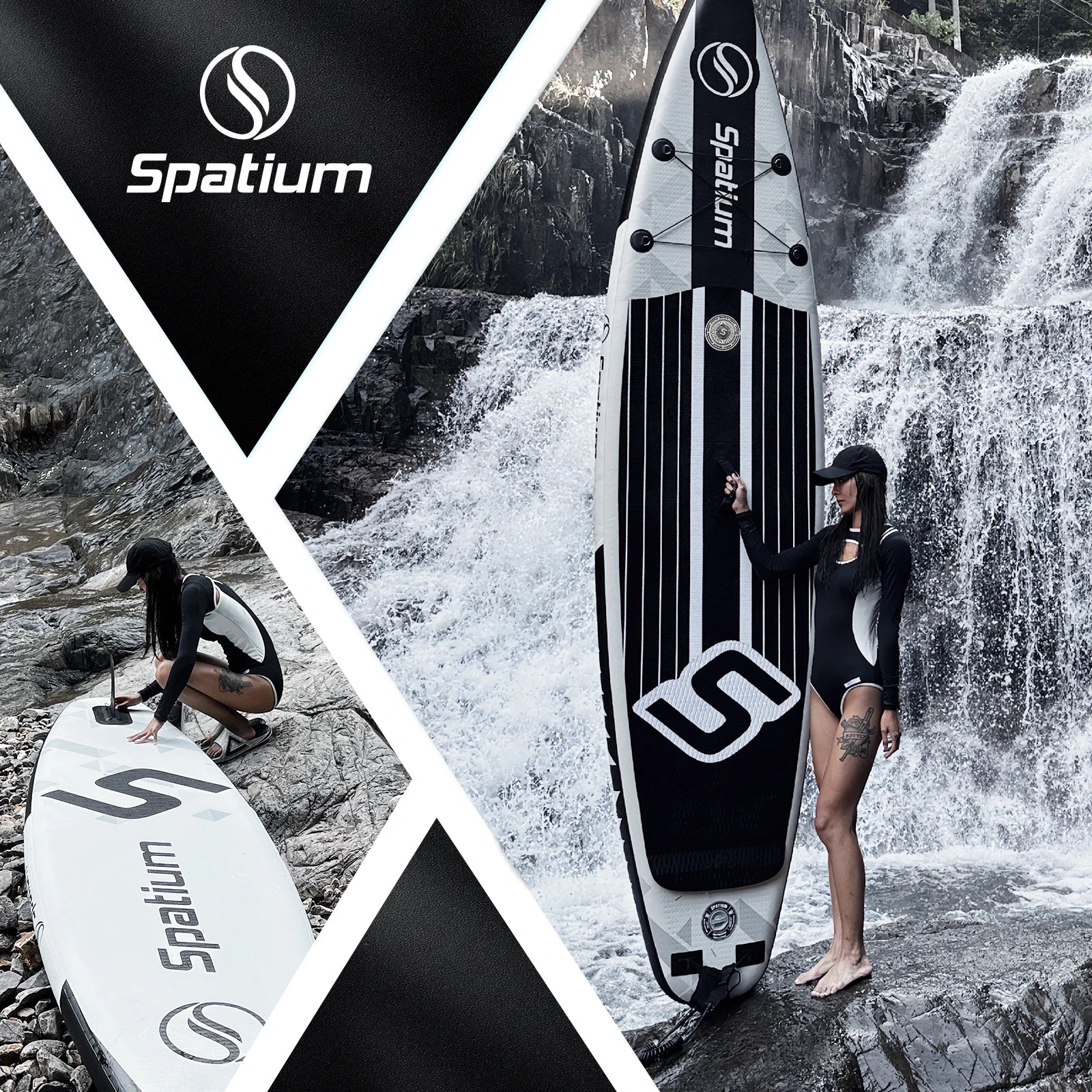 A woman in a black swimsuit poses with a Spatium Premium Paddle Board by a waterfall. The collage showcases close-ups of the board’s logo and design, highlighting its adventurous outdoor appeal.
