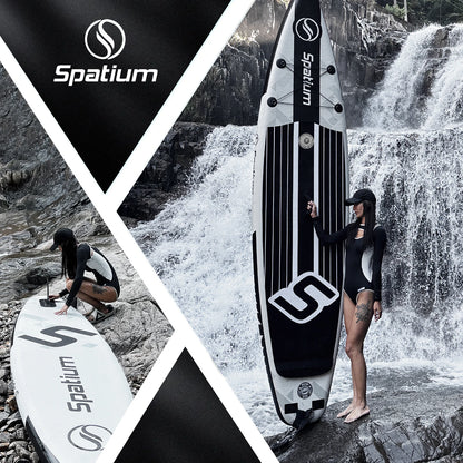 A woman in a black swimsuit poses with a Spatium Premium Paddle Board by a waterfall. The collage showcases close-ups of the board’s logo and design, highlighting its adventurous outdoor appeal.